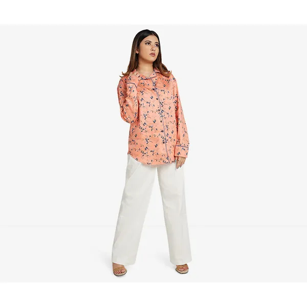 Peach Floral Printed Cuban Shirt
