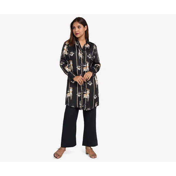 MAHAL Black Stallion Printed Long-Line Shirt
