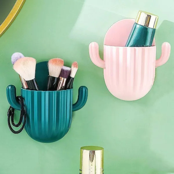 Adhesive Cactus Design Cosmetic Brush Holder