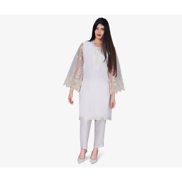 MAHAL Embroidered Sleeve White Kurti w/ Pant Set - Limited Pieces