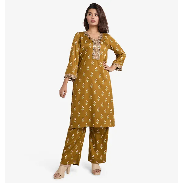 MAHAL Exclusive Olive Floral Riot Kurta & Pant Set