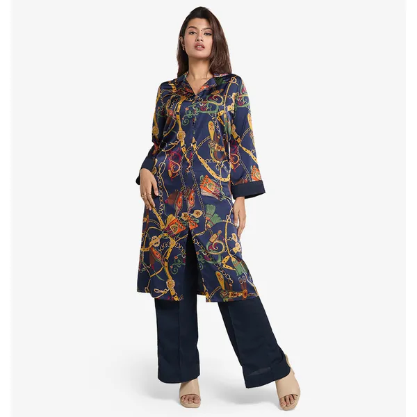 MAHAL Navy Printed Silk Longline Tunic