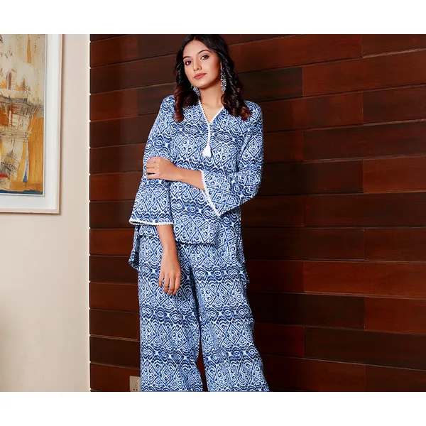 MAHAL Azure Blue Mosaic Cotton Co-ord Two Piece Set