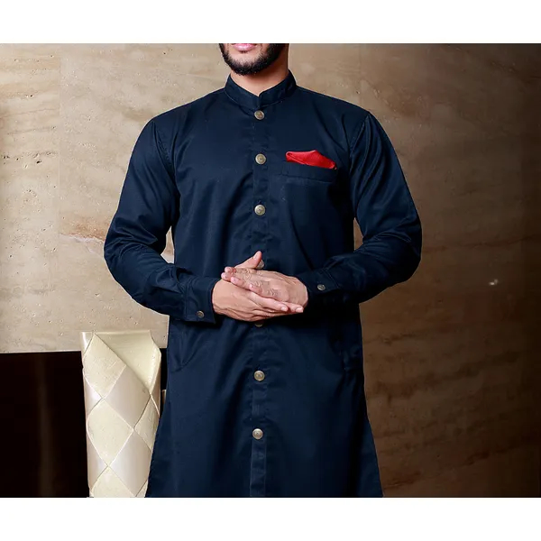 MAHAL Navy Ottoman Sherwani W/ Pocket Square