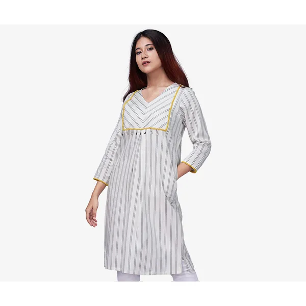MAHAL Striped Kurti In Off-White W/ Yellow Embellishment
